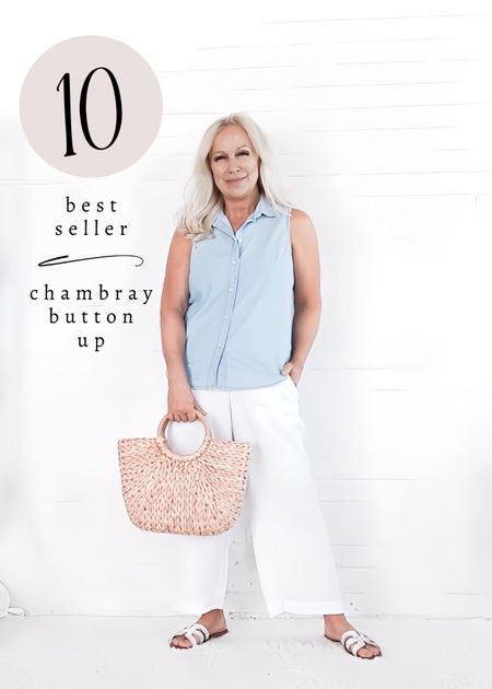 This week’s #10 best seller: sleeveless chambray button up. Summer outfit / coastal / over 40 / over 50 / over 60

#LTKFindsUnder50 #LTKOver40 #LTKSeasonal
