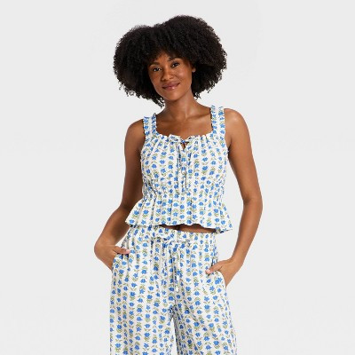 Women's Ruffle Seersucker Tie-Front Tank Top - Auden™ Blue Floral XS | Target