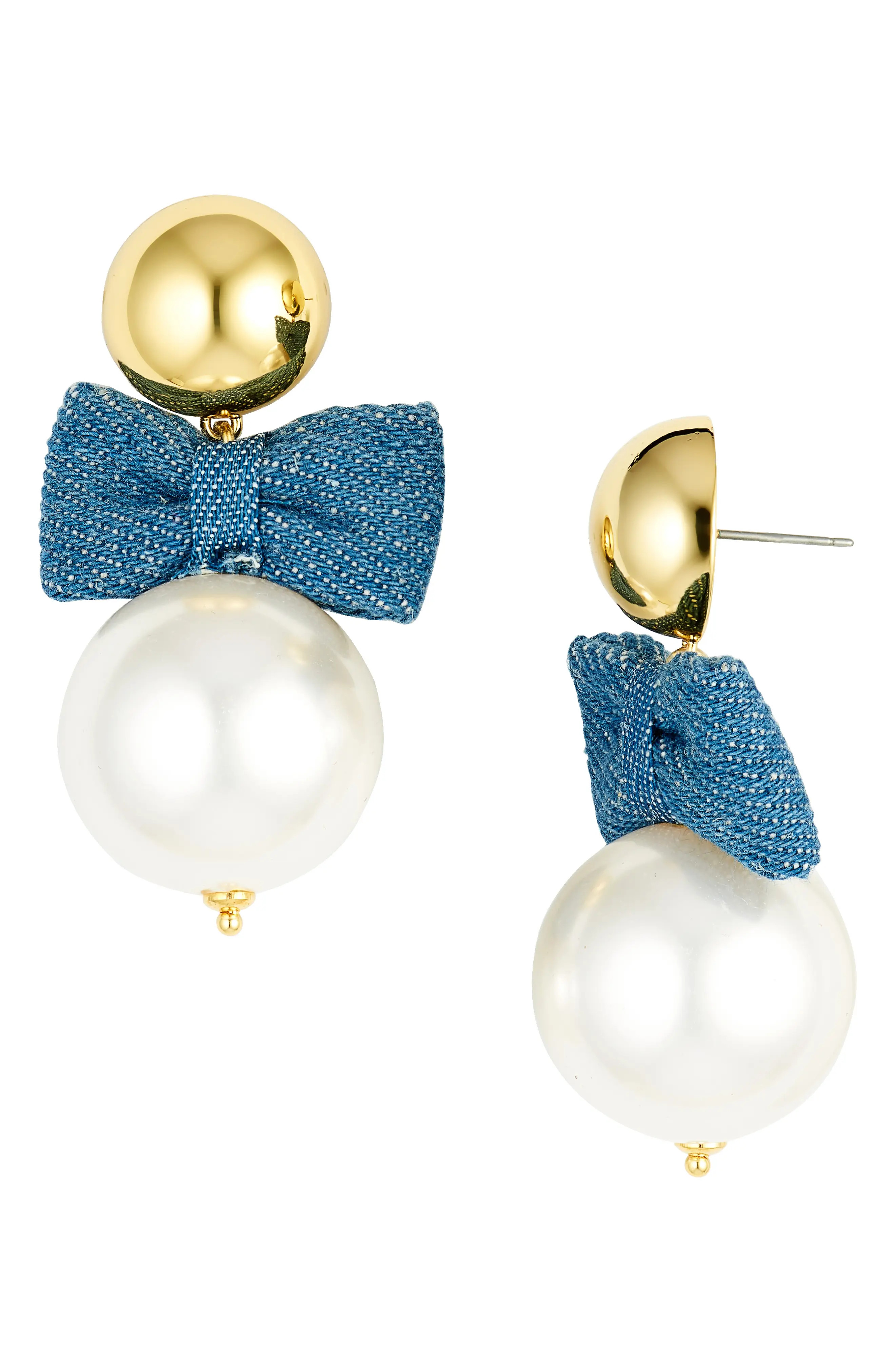 Lele Sadoughi Bow & Imitation Pearl Drop Earrings in Light Denim at Nordstrom | Nordstrom