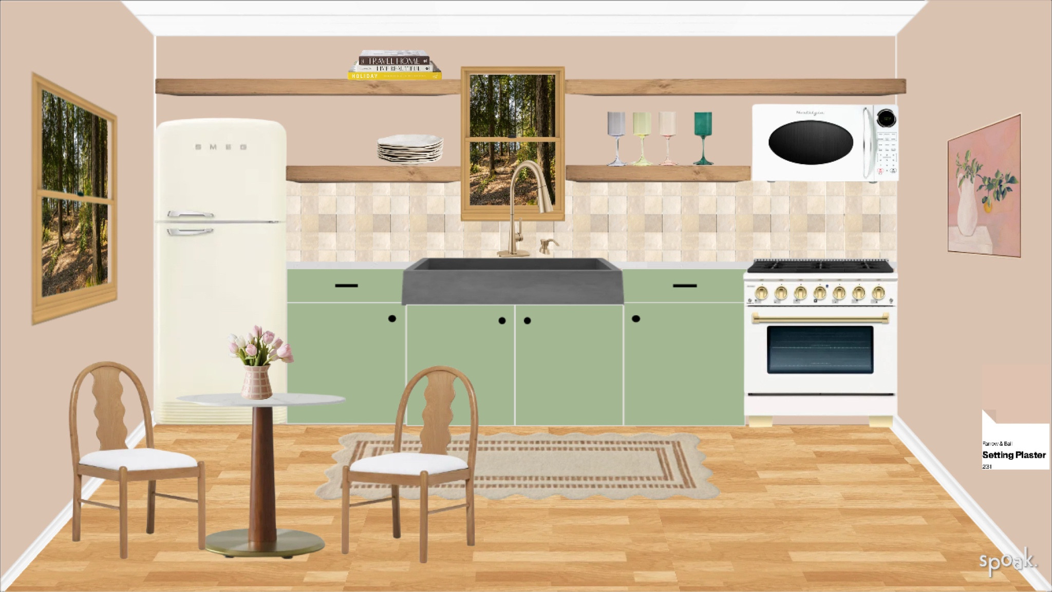 Kitchen design/mood board. Bistro table, dining chairs, handmade vase from Etsy, retro appliances, retro microwave, retro oven and Smeg fridge. Handmade tile and scalloped rug. 

#LTKStyleTip #LTKHome #LTKFamily