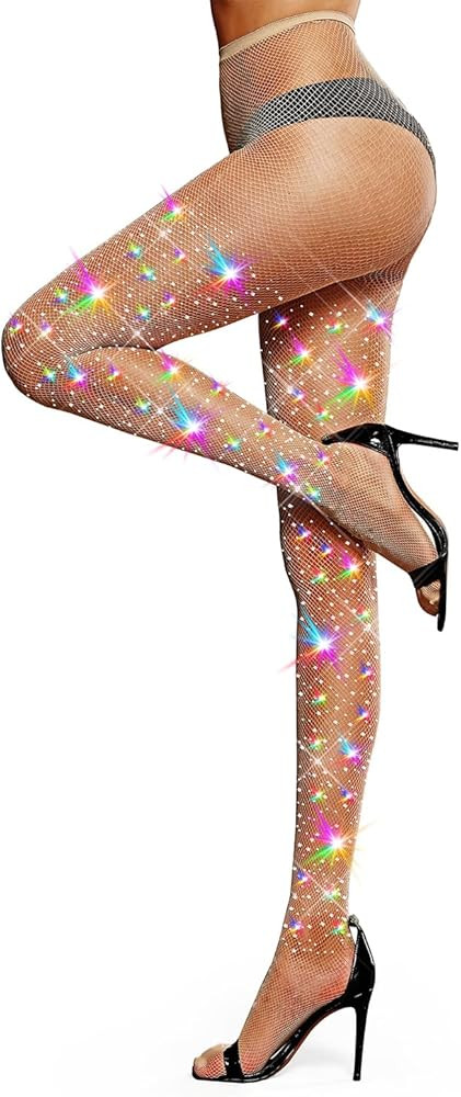 LUCKELF Sexy High Waist Tights Sparkle Rhinestone Fishnets Party Rhinestone Mesh Stockings | Amazon (US)