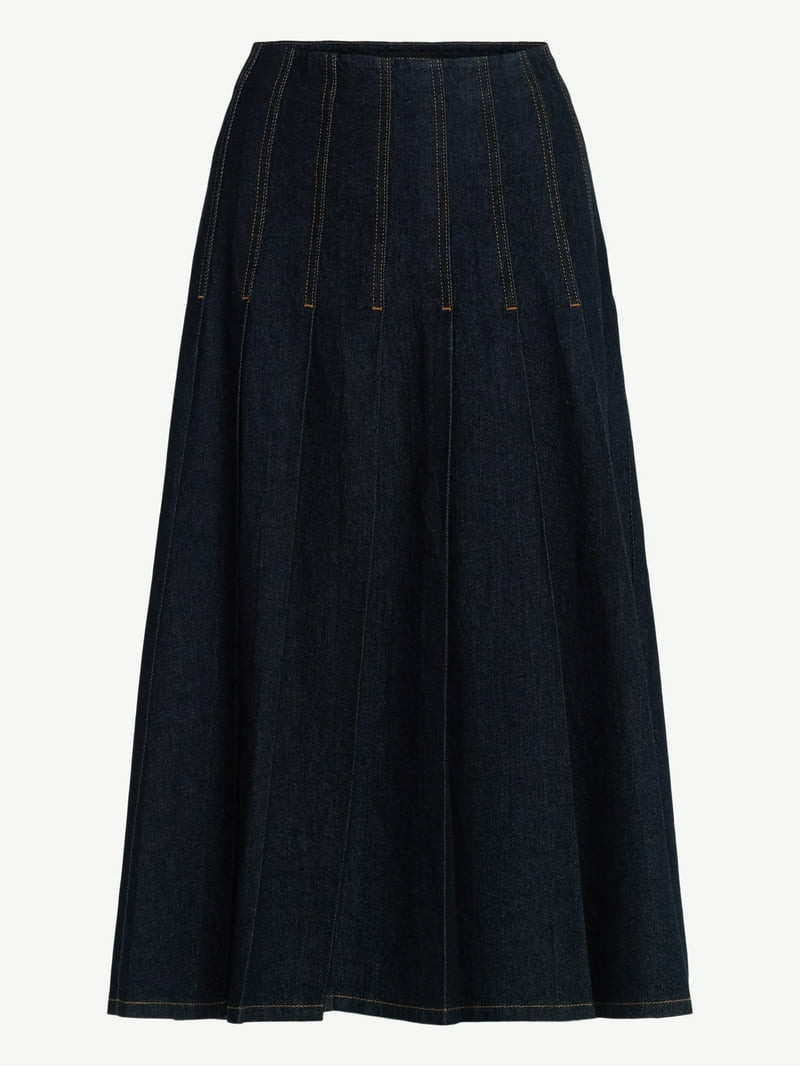 Free Assembly Women's and Women's Plus Stitch Pleated Denim Maxi Skirt, Size 0-28 | Walmart (US)