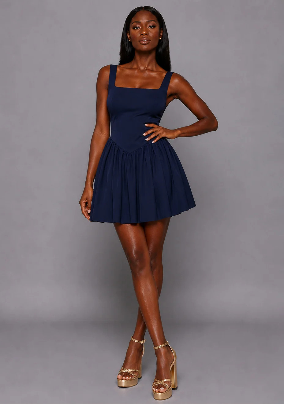 Sofia | Square Neck Skater Skirt Navy Mini Dress | VSPR UK