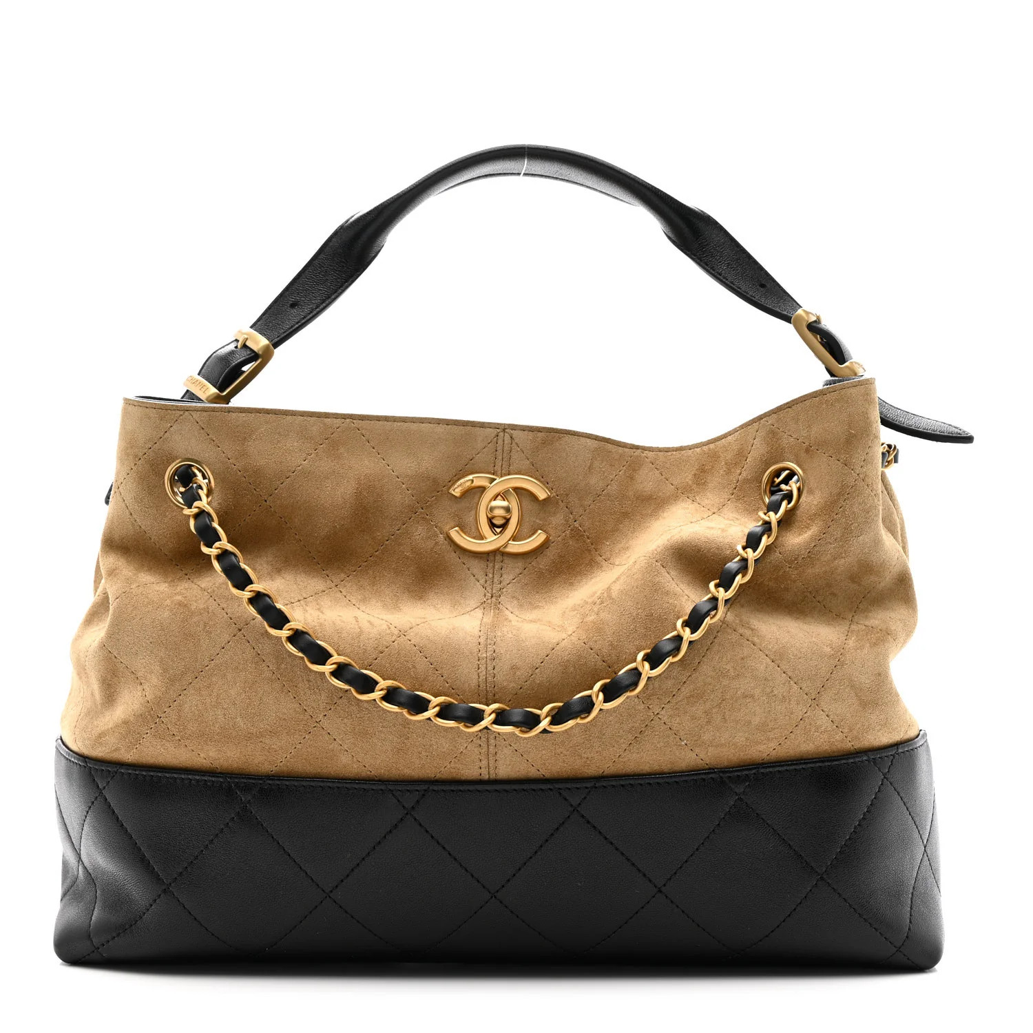 Suede Calfskin Shiny Lambskin Quilted Small Shopping Bag Beige Black | FASHIONPHILE (US)