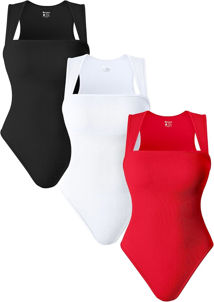 OQQ 3 Piece Bodysuits For Women Sexy Ribbed Strappy Square Neck Stretch Tank Tops Bodysuits | Amazon (US)