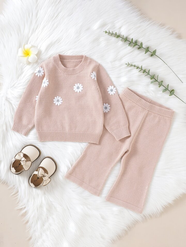 Baby Girl Floral Embroidery Sweater & Knit Pants | SHEIN