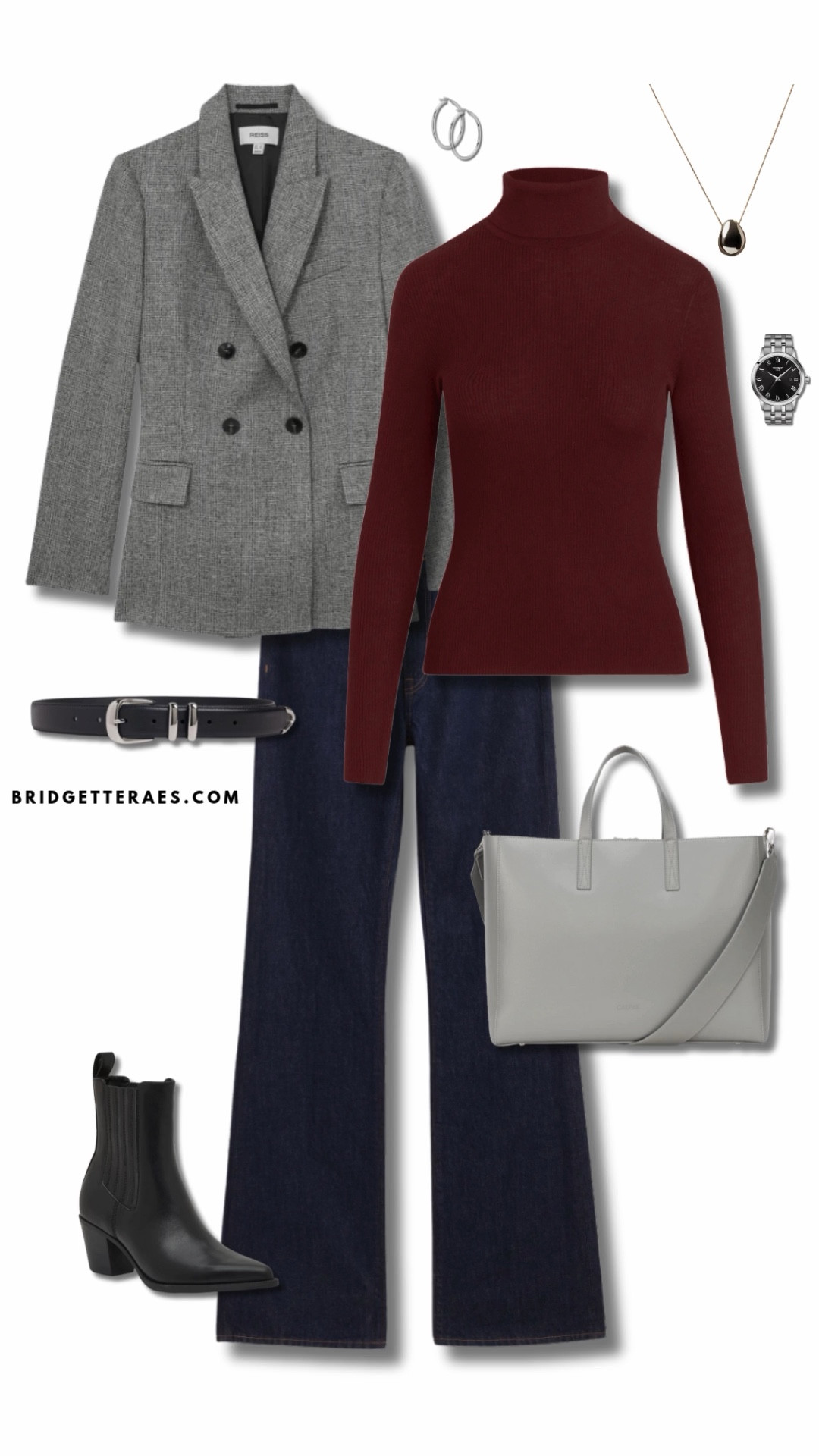 Soft structure meets bold contrast in this elevated everyday look. A fitted burgundy turtleneck adds warmth and polish under a double breasted grey blazer, while dark wide leg denim keeps things grounded and modern. Black accessories including pointed Chelsea boots and a slim belt anchor the outfit, and a soft gray tote adds contrast without distraction. A simple pendant, hoop earrings, and a classic silver watch pull it all together for a sleek, smart finish.

#LTKStyleTip #LTKShoeCrush #LTKWorkwear