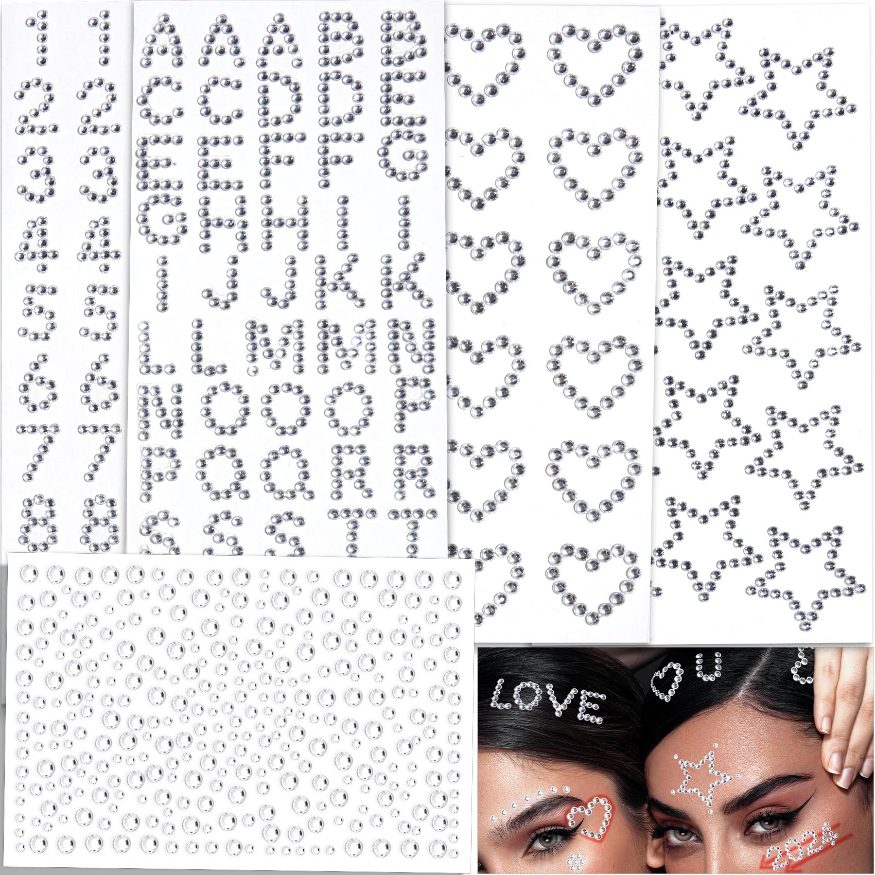 Hair Face Gems Jewels Self Adhesive Heart Numbers Letters Star Rhinestone Stickers, Stick on Rhin... | Amazon (US)