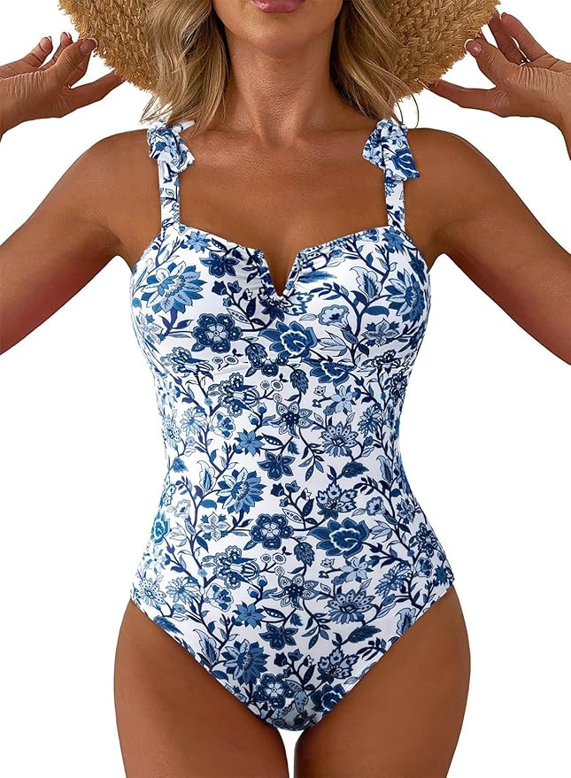Aleumdr Women's One Piece Swimsuits Tummy Control Bathing Suits V Neck Boho Tie Shoulder Ruched F... | Amazon (US)