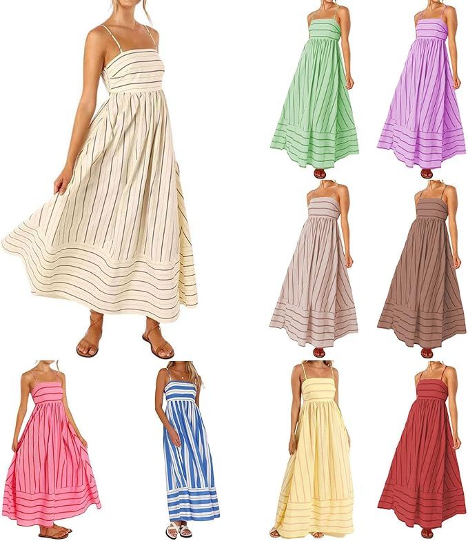 Striped Maxi Dress for Women Summer Sleeveless Spaghetti Strap Sundress Cutout Ruffle Long Dress ... | Amazon (US)