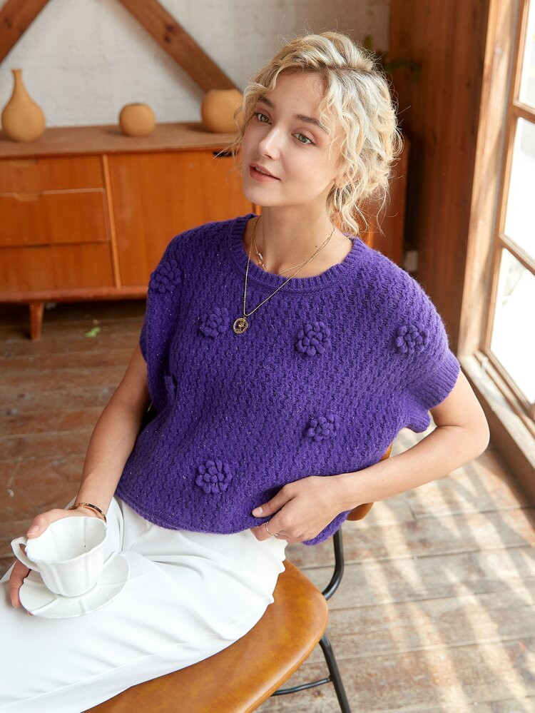 Knit Mix Stereo Flower Batwing Sleeve Knit Top | SHEIN