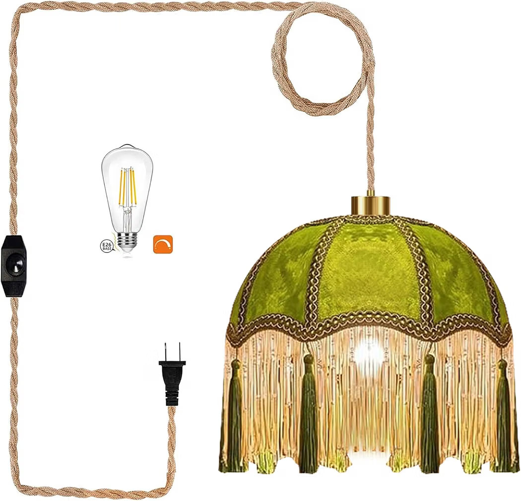 QIYIZM Plug in Pendant Light Boho Hanging Lights with Plug in Cord Fringe Green Hanging Lamp Gold... | Amazon (US)