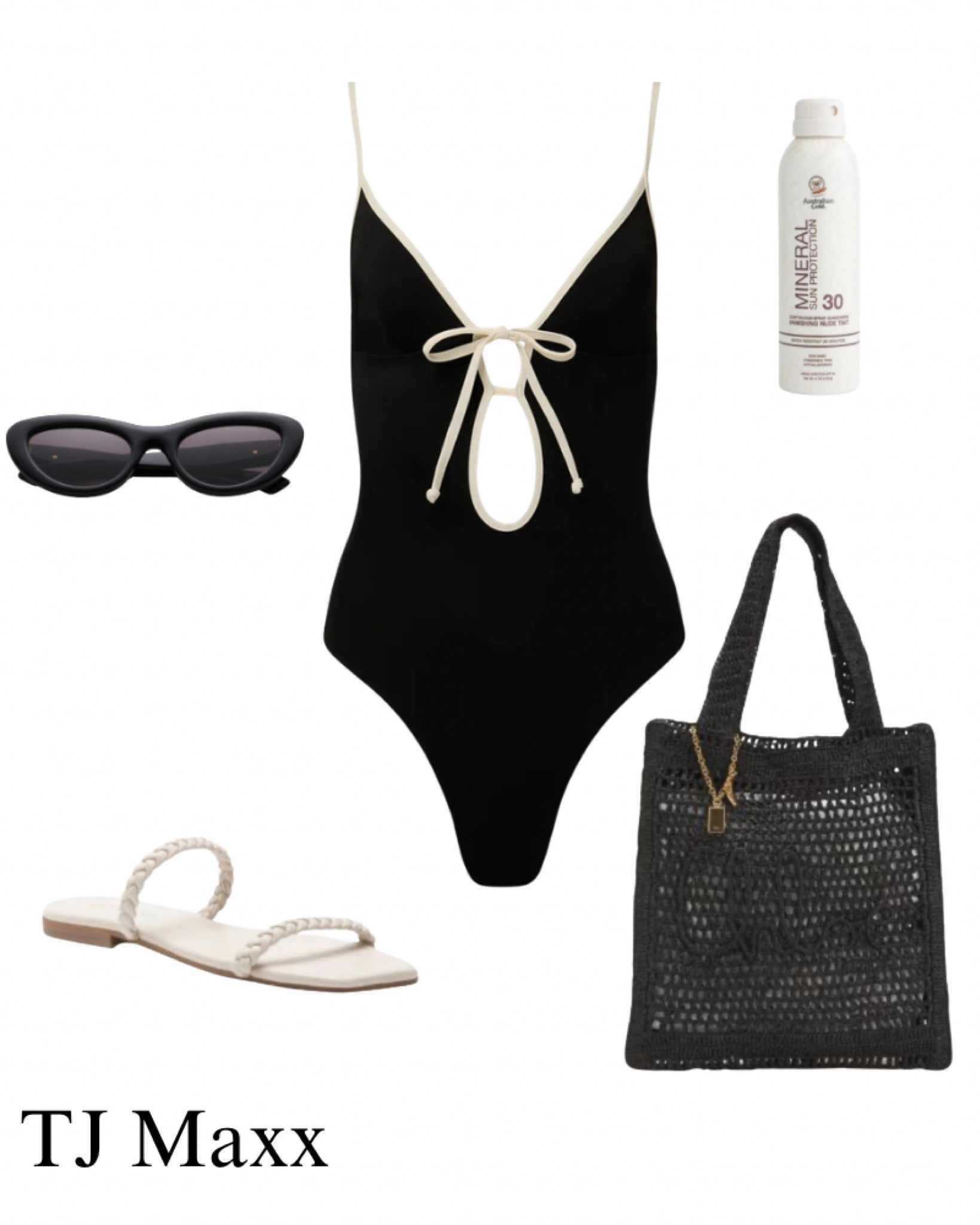 This black swimsuit comes in 3 colors! Beach, pool, Chloe tote, cat eye sunglasses, white sandals, sunscreen, beach, pool, resort, TJ Maxx sale. @TJ Maxx 

#LTKSaleAlert #LTKSwim