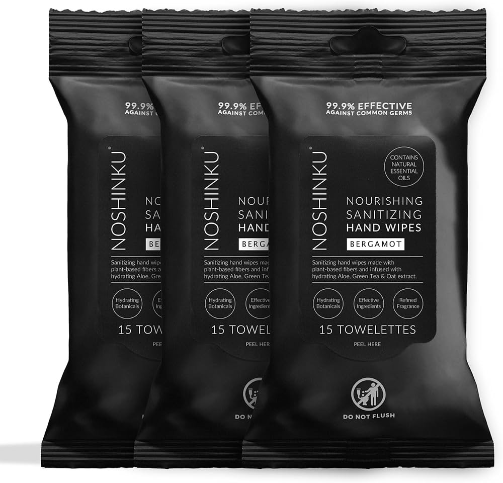 Noshinku – Bergamot Hand Sanitizer Wipes, 3-Pack (45 Towelettes) – Resealable Travel Wipes wi... | Amazon (US)