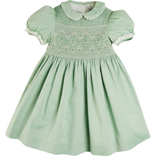 Handsmocked Peter Pan Collar Short Sleeve Dress, Green | Maisonette