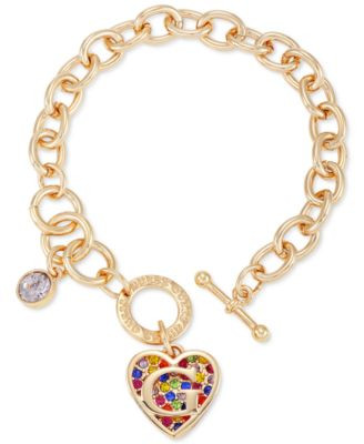 GUESS Gold-Tone Rainbow Pavé Logo Heart Link Bracelet - Macy's | Macy's