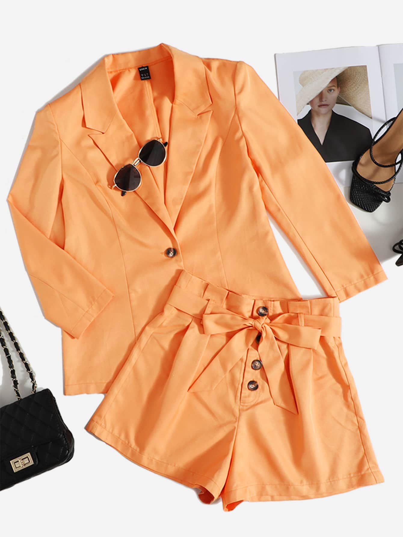 Lapel Collar Button Front Blazer & Belted Shorts | SHEIN
