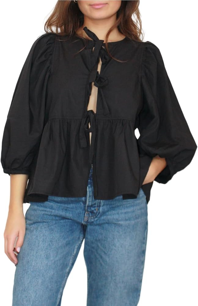 Tie Front Tops for Women Y2k Short Puff Sleeve Blouse Ruffle Hem Peplum Shirt Reversible Babydoll... | Amazon (US)
