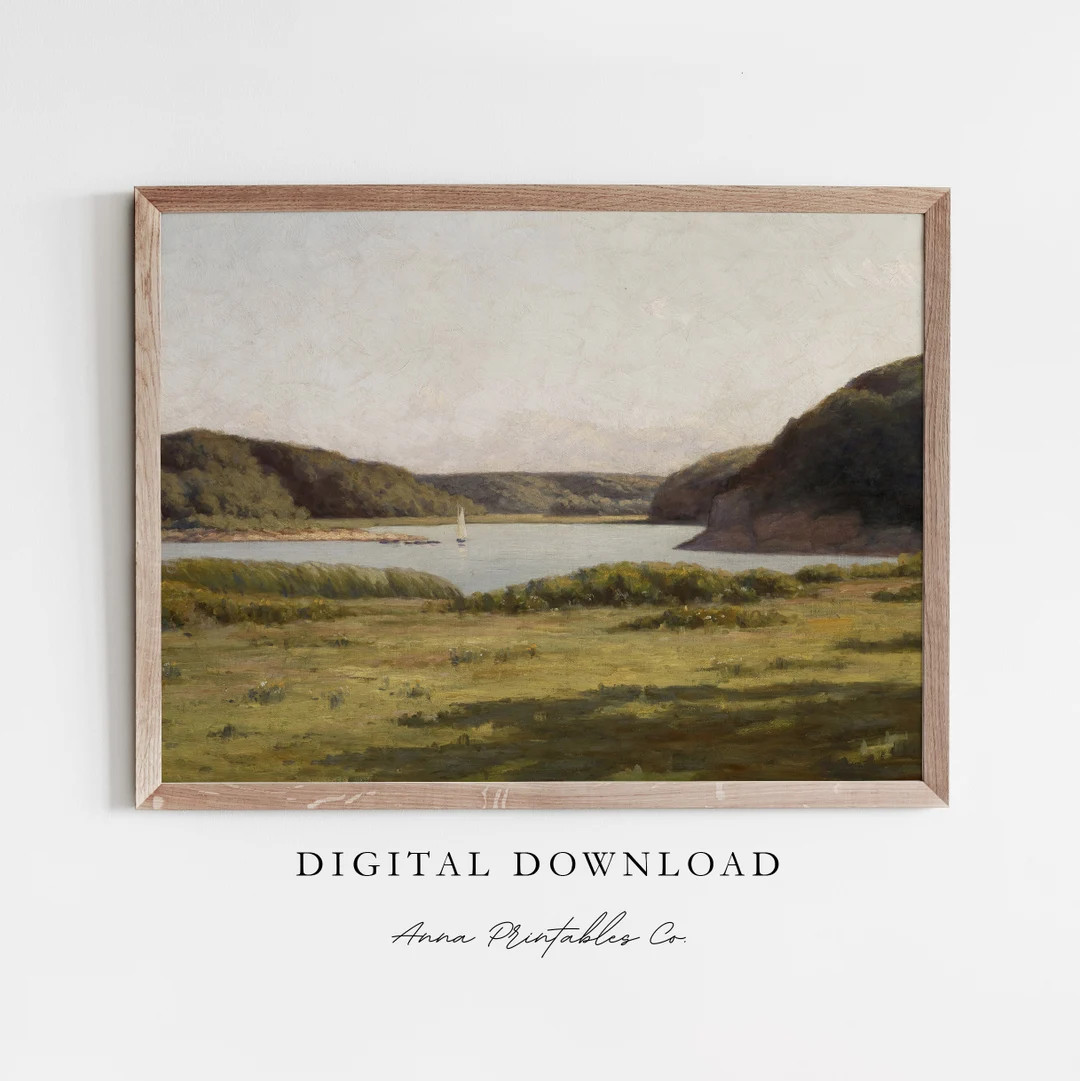 Lake Amongst the Hills | Antique Landscape Painting for Digital Download | Vintage Farmhouse Deco... | Etsy (US)