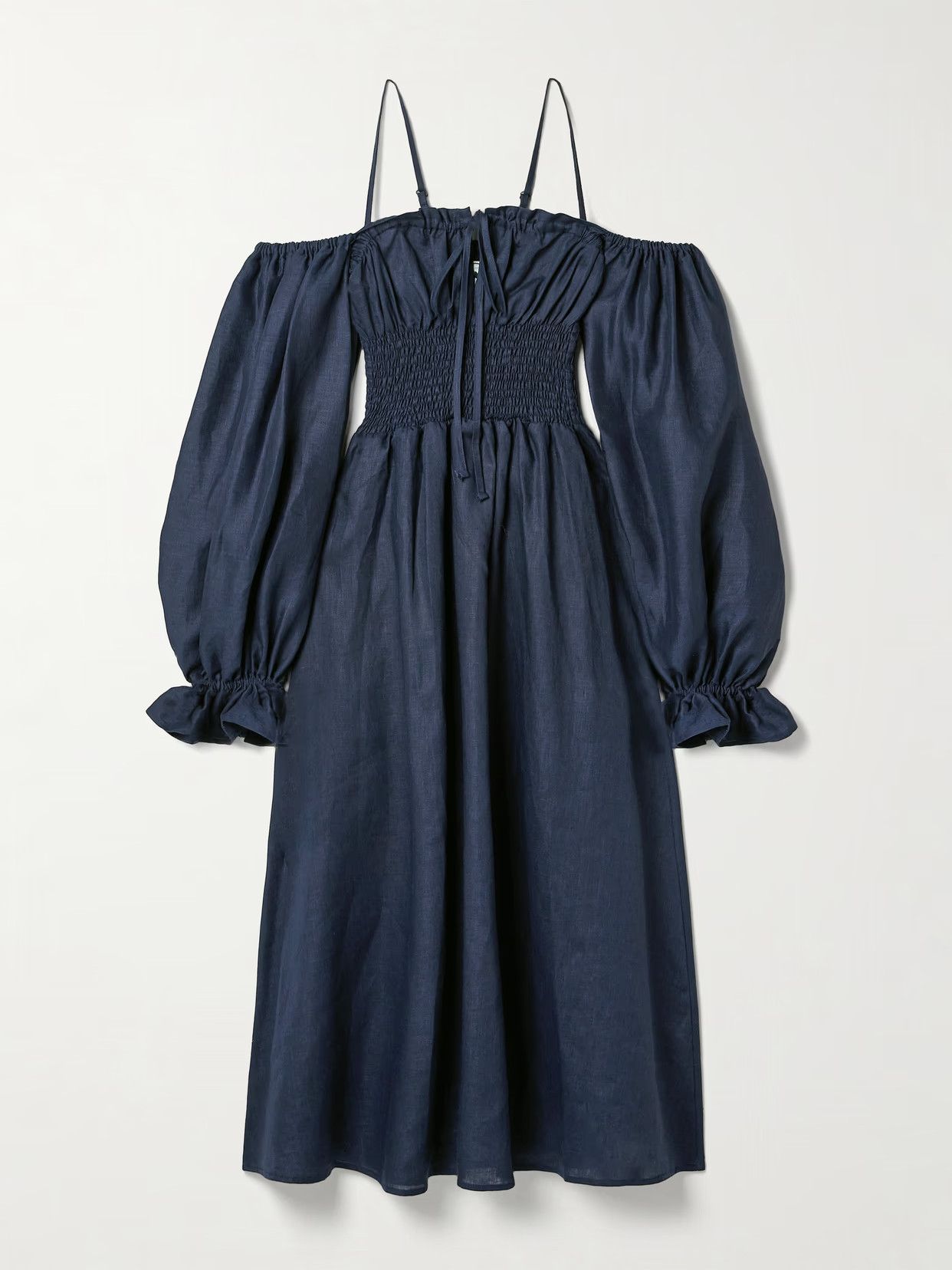 SLEEPER - Cancan Cold-shoulder Shirred Linen Midi Dress - Blue | NET-A-PORTER (US)