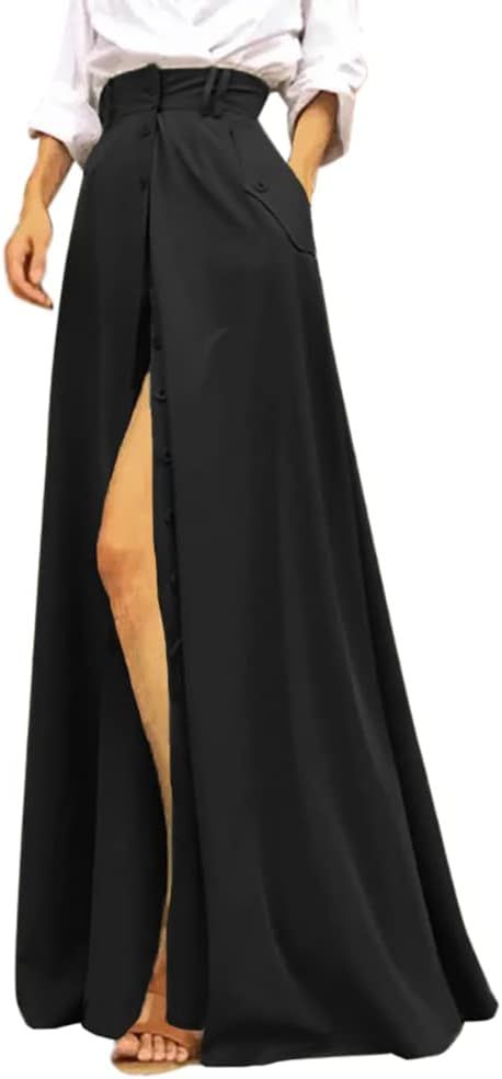 Rooscier Women's Split High Waist Flared A Line Button Down Vintage Pockets Maxi Skirt | Amazon (US)