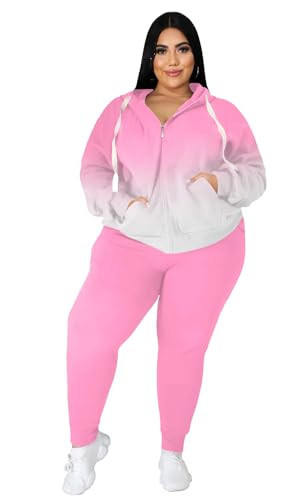 YeGine Womens Plus Size Two Piece Outfits Sweatsuits Casual Long Sleeve Set With Pockets Gradient Pink 2XL | Amazon (US)