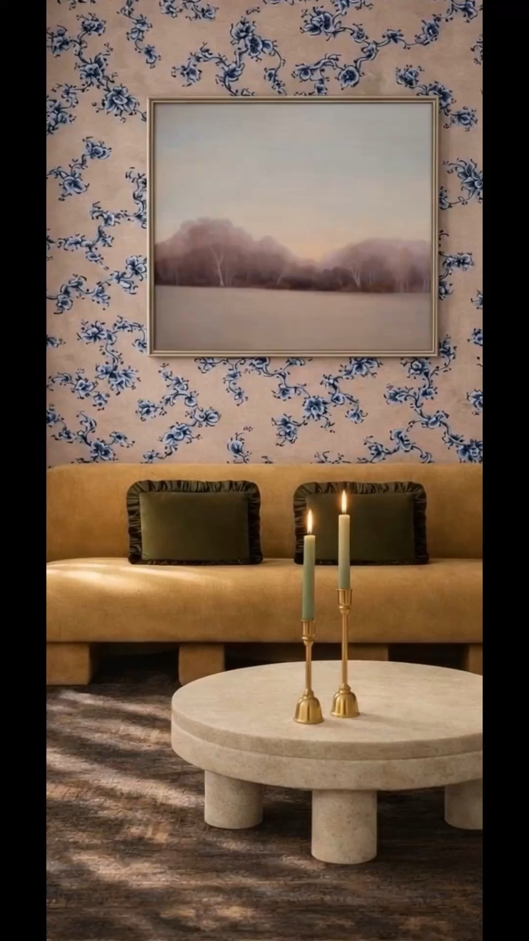 Late afternoon light, a quiet corner layered with pattern and texture.

Floral wallpaper sets the tone, while the upholstered bench and sculptural table keep the space balanced and refined. A few candles, a simple floral arrangement, and soft natural light — sometimes the smallest details create the most beautiful atmosphere.

#wallpaper #art #candleholder #arearug #bench #flowerarrangement #modularsofaunit #pillow #coffeetabledecor
	•	#interiorstyling

#LTKFestival #LTKHome #LTKdayinmylife