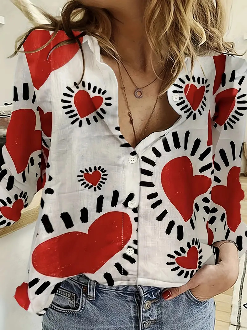 Heart Print Button Shirt Casual Flat Collar Long Sleeve - Temu | Temu Affiliate Program