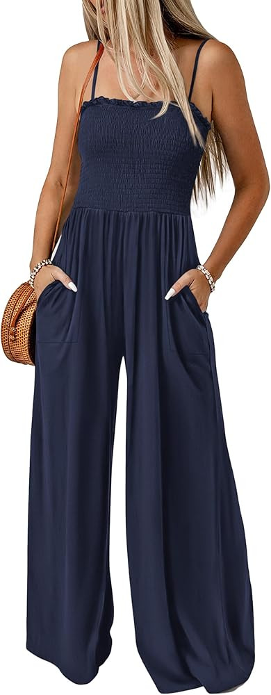 PRETTYGARDEN Womens Linen Smocked Spaghetti Strap Pockets Wide Leg Rompers | Amazon (US)