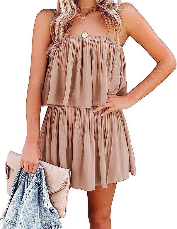 PRETTYGARDEN Women's Summer Short Rompers Spaghetti Strap Elastic Waist Square Neck Ruffle Casual... | Amazon (US)