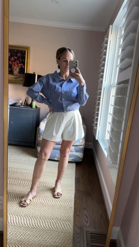 Blue and white stripe button down, white shorts, and Target sandals. I LOVE this outfit. XS in the top, small in the shorts, and 1/2 size down in the sandals. These shorts are the perfect vacation or resort short! 

#LTKstyletip #LTKSeasonal