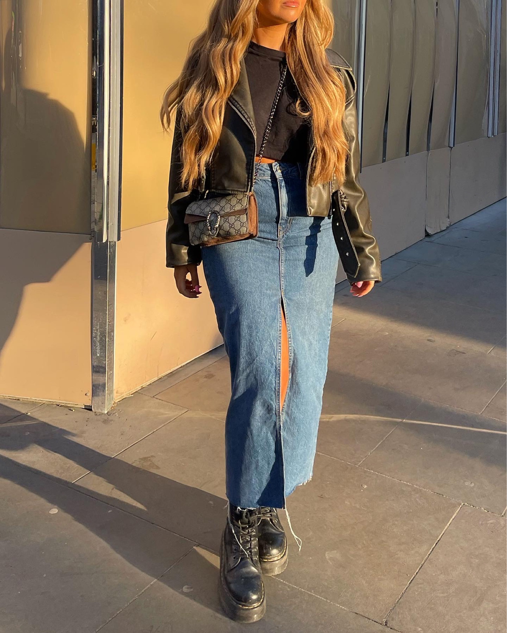 Viral denim midi skirt from Stradivarius, zara leather jacket, Gucci bag, london style, platform dr martens, dr martens jadon platform 

#LTKunder50 #LTKFind #LTKstyletip