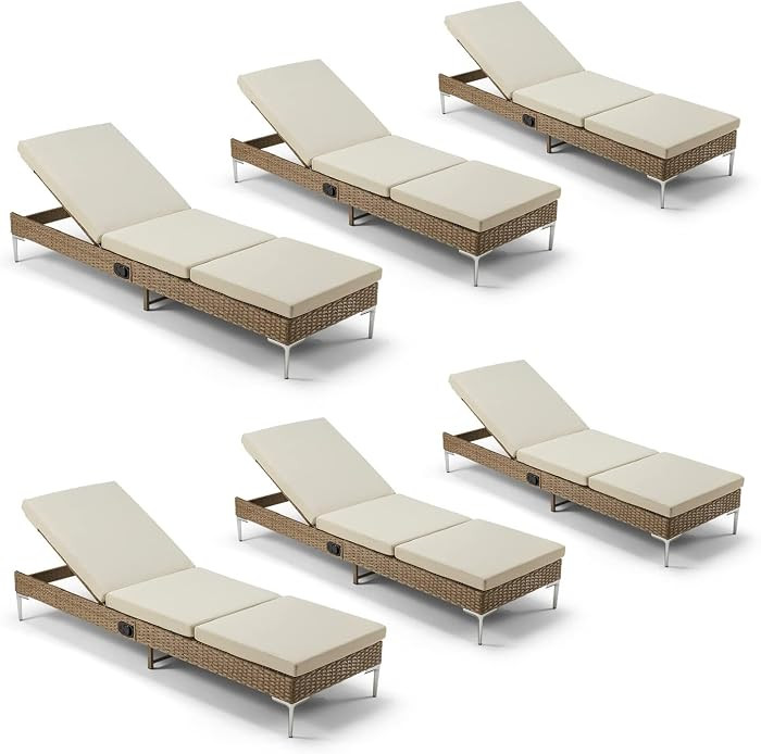 Outdoor Chaise Lounge Chair Set of 6, Patio Wicker Lounge Chair with Adjustable Backrest, Rattan ... | Amazon (US)