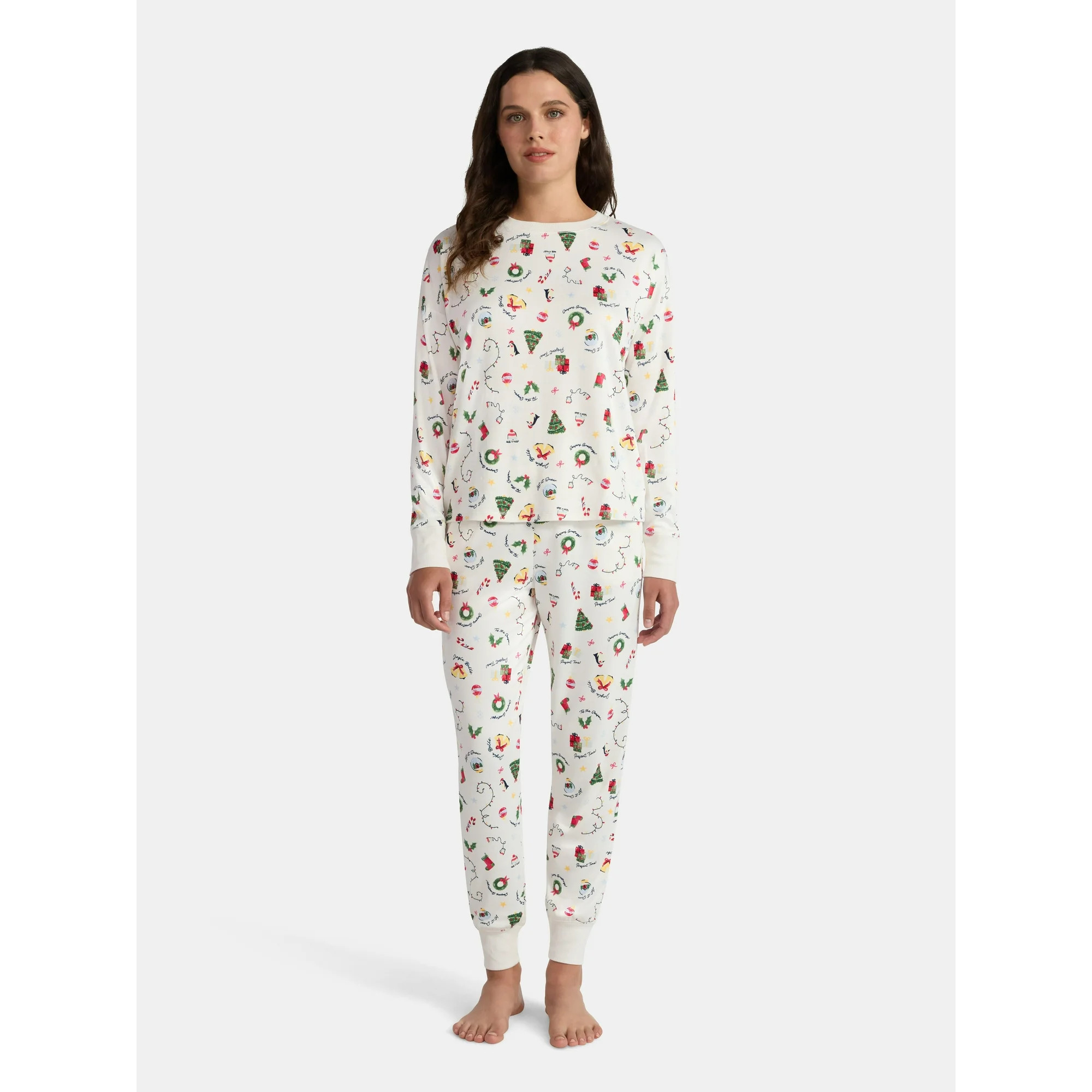 Holiday Time Women's Long Sleeve Crew Neck Sleep Top and Jogger Pants Pajama Set, 2-Piece, Sizes ... | Walmart (US)