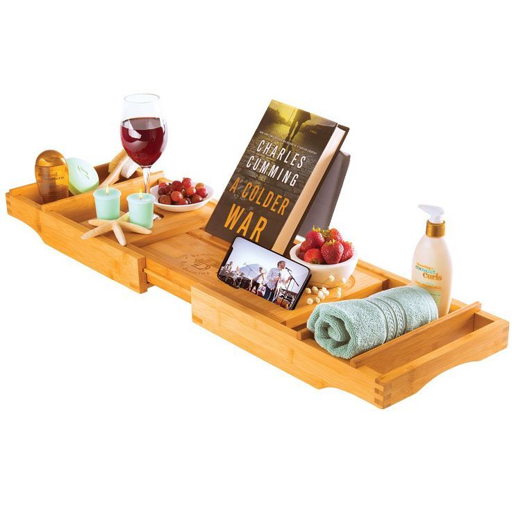 Bambusi Luxury Bamboo Bathtub Caddy Tray, Expandable Sides Bath Caddy Tray (Book, Wine, Glass, Ce... | Target