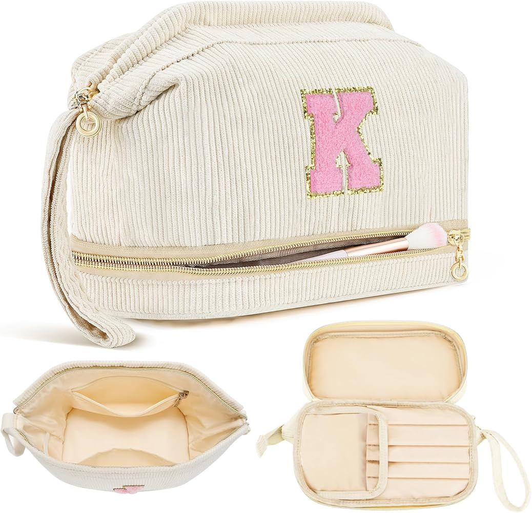 Birthday Gifts for Girls, Personalized Initial Women Makeup Bag, Travel Make up Bag Cosmetic Bag Preppy Stuff Bag for Girlfriend Wife Teacher 18th Birthday Gifts for Girls Teen Girl Gifts Trendy - K | Amazon (US)