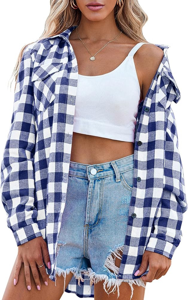 Zeagoo Womens Flannel Shirts Long/Roll Up Sleeve Collared Button Down Plaid Shirt Casual Work Top... | Amazon (US)