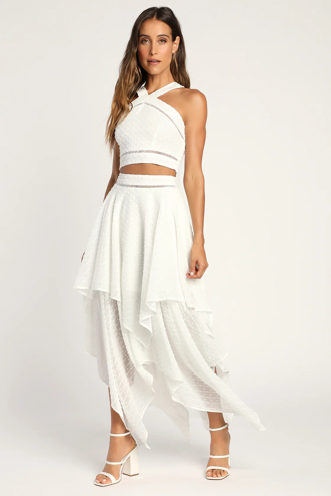 Set to Win White Swiss Dot Two-Piece Handkerchief Midi Dress | Lulus (US)
