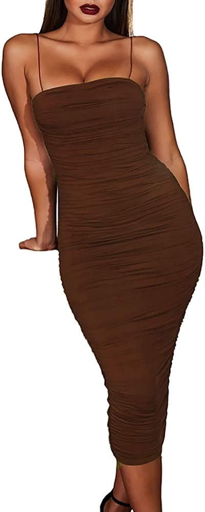 Women's Sleeveless Off Shoulder Dresses - Ruched Bodycon Party Club Night Sexy Maxi Dress | Amazon (US)