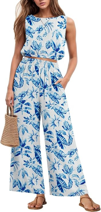GRECERELLE Two Piece Sets for Women Sleeveless Crop Top Wide Leg Pants Sweat Set for Women Tracks... | Amazon (US)