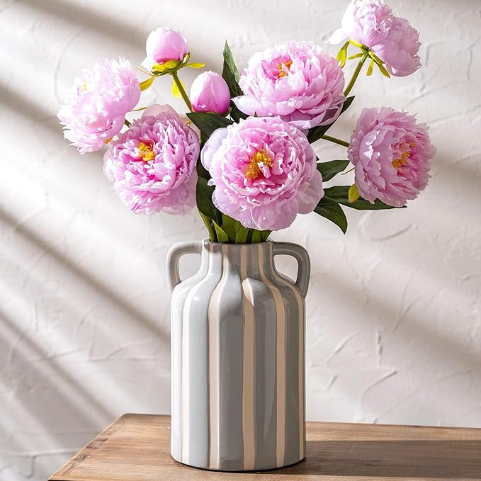 for Mom from Daughter or Son, Ceramic Grey & White Checkered Stripe Vase with Handles 9.1”, Han... | Amazon (US)