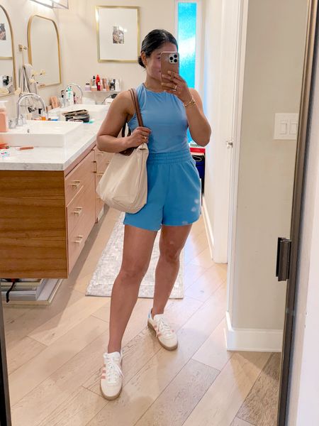 Monochromatic casual outfit! Love this French blue color for spring and summer! And these sneakers go perfectly! Wearing a small in my bodysuit and in shorts! Size down 1/2 size in sneakers! 

#LTKShoeCrush #LTKFindsUnder50 #LTKFindsUnder100