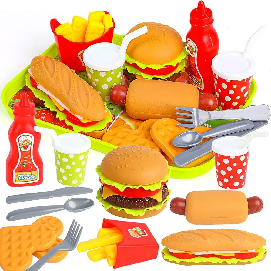 FINGOOO Pretend Play Food Set, Hamburger Fries Pizza Popcorn Toys Role Play Take Apart Educationa... | Amazon (US)