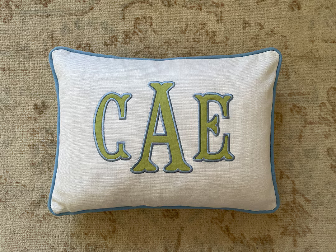 Monogrammed Pillow Cover, Applique Initial Pillow, Custom Name Pillow, Green Blue White Linen Pil... | Etsy (US)
