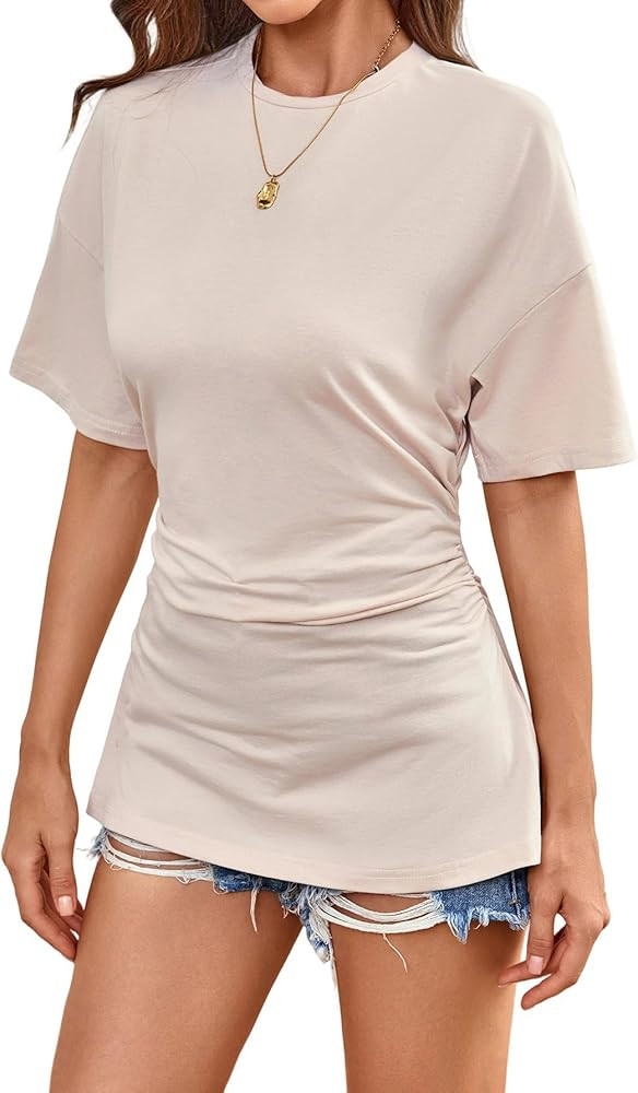 Verdusa Women's Cinched Waist Tops Drop Shoulder Short Sleeve Ruched T Shirt | Amazon (US)