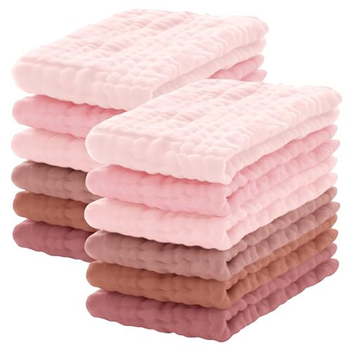 Lovely Care 12 Pack Muslin Burp Cloths 100% Cotton Muslin Cloths Large 20''x10'' Extra Soft and Absorbent Baby Burping Cloth - Blush and Terracotta | Amazon (US)