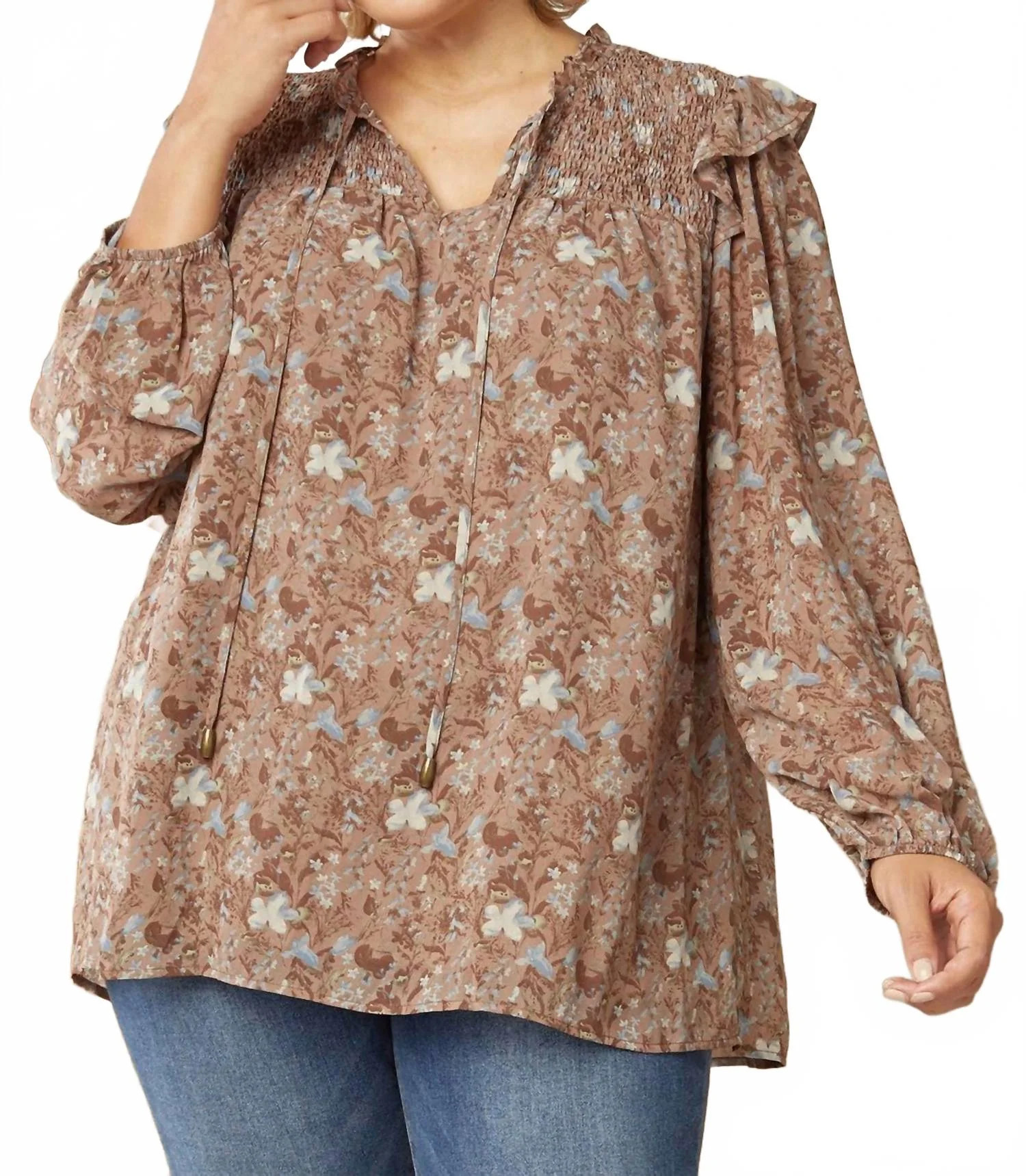 Ruffle & Floral Blouse - Plus In Mocha | Shop Simon