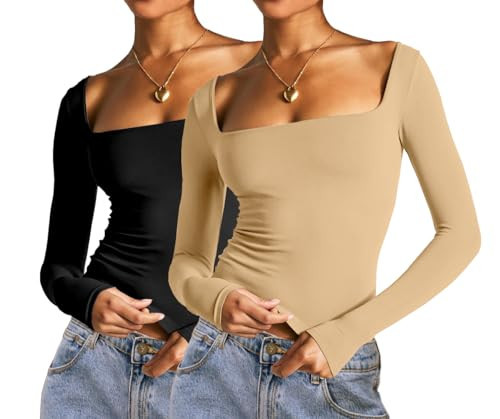 Abardsion 2 Piece Square Neck Tops for Women Slim Fit Double Layer Fall Long Sleeve Crop Top T Shirts(Khaki/Black, M) | Amazon (US)
