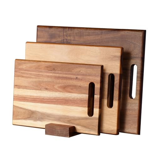 YSTKC Acacia Wood Cutting Boards Set of 3 PCS for Kitchen, Large Wooden Cutting Board Set with Handle, Thick Chopping Board, Butcher Block Wooden Trays for Meat, Fruit Vegetable and Cheese | Amazon (US)