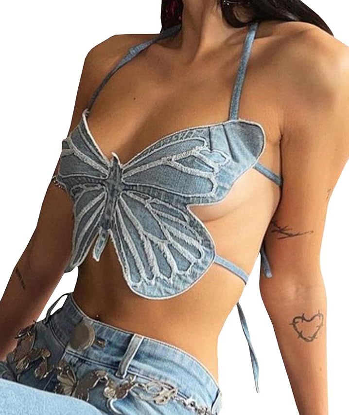Women's Sleeveless Halter Denim Butterfly Tube Top Vest for Belly Dance Backless Costumes Outfits... | Amazon (US)
